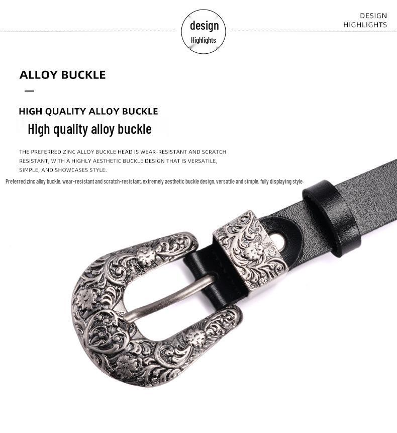 Women's Retro Carved Black Genuine Leather Belt with Pin Buckle