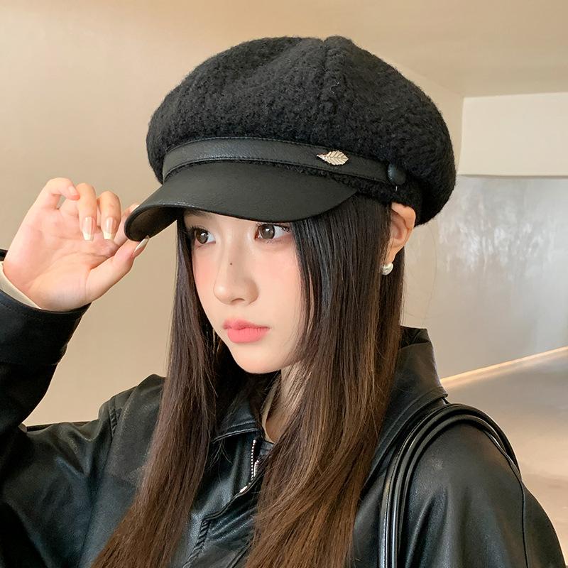 Leather brim duck tongue beret autumn and winter hat women's velvet warm octagonal hat fashionable versatile painter hat