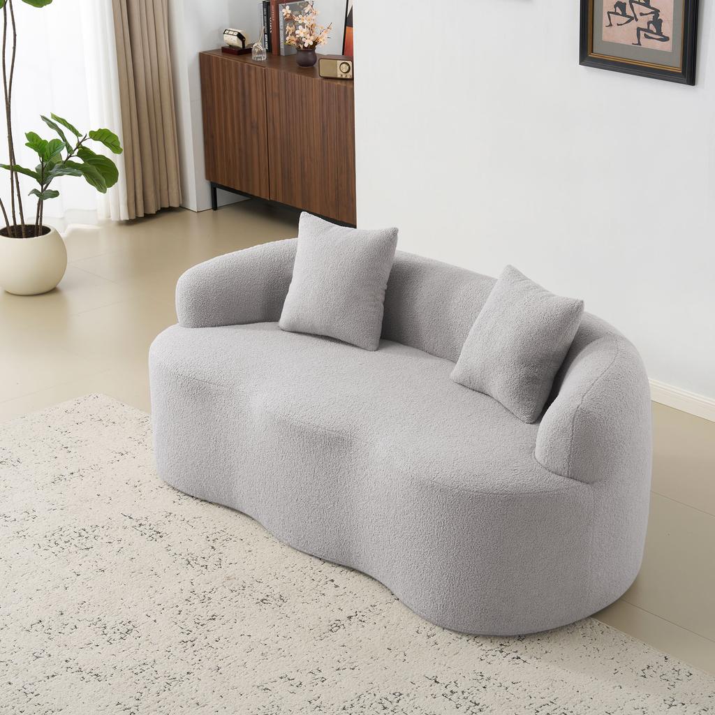 Light Grey Curved Loveseat, Round Armrests, Compression Sofa with 2 Cushions, Beige Bedroom Sofa, No Assembly Required.