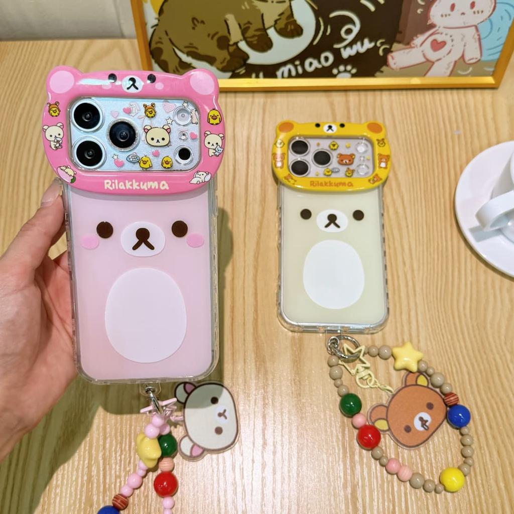 Cute Cartoon Big Bear Head Rilakkuma IMD Phone Case for iPhone 17 17Pro 17Promax 16 15 14 Pro Max 16pro with Bracelet Pendant