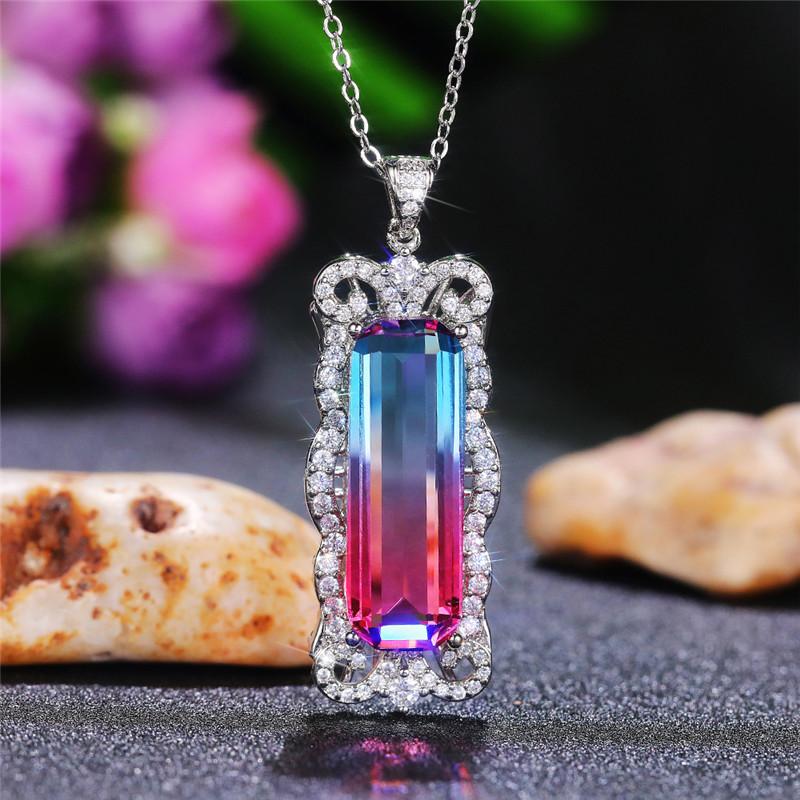 Silver Plated Baguette Cut Gradient CZ Pendant Necklace, Ornate Scrollwork Frame Cable Chain Necklace for Women