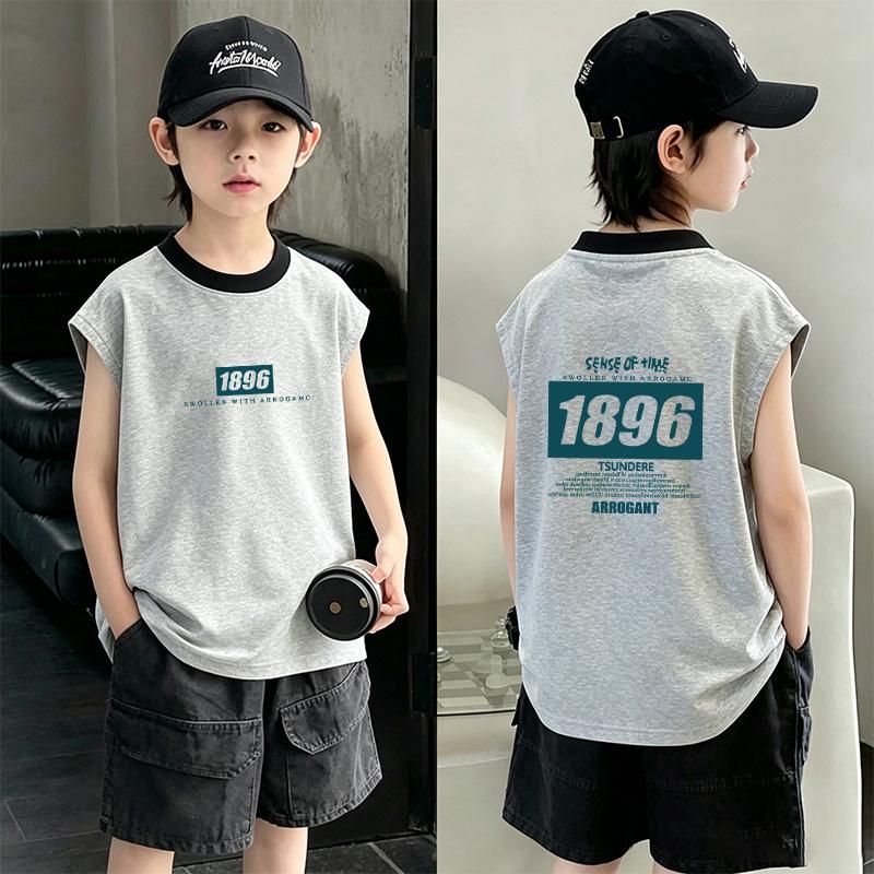 Boys' 2026 Summer Color Block Cotton Vest: Trendy Sleeveless T-shirt for Medium & Older Boys