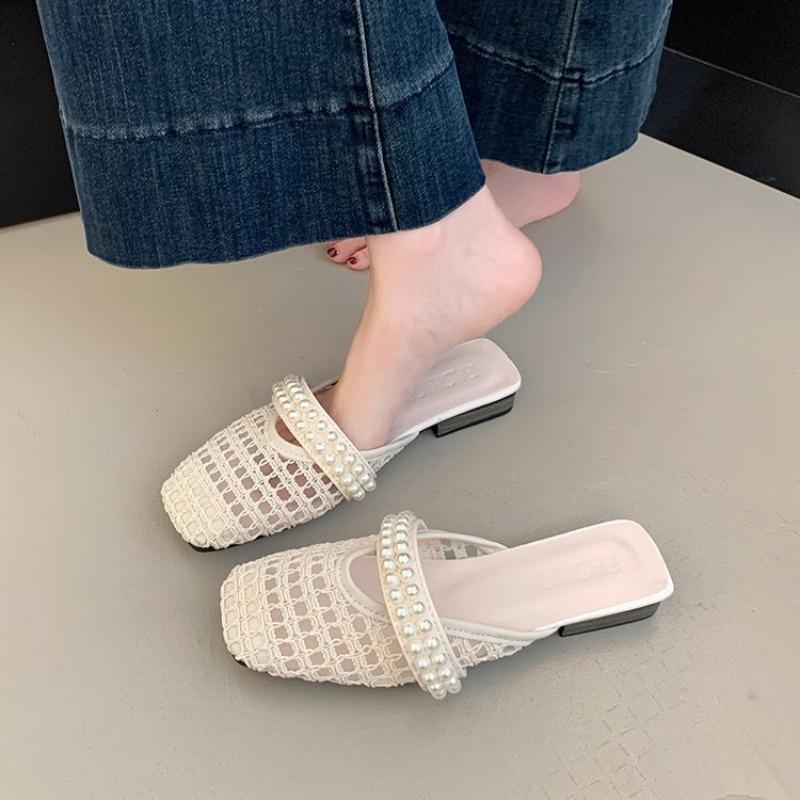 

Баотоу педаль квадратный носок жемчужные крутые тапочки новая ленивая обувь полые плоские одинарные туфли женские 40 бежевый