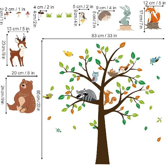 decalmile Woodland Animal Tree Wall Decals Bear Fox Deer Wall Stickers Kids Baby Nursery Bedroom Playroom Wall Decor