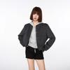Womens Short Gray Wool Blend Cropped Bomber Jacket 2026 Fall Loose Fit Hooded Outerwear