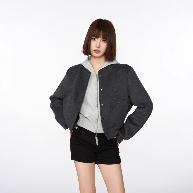 Womens Short Gray Wool Blend Cropped Bomber Jacket 2026 Fall Loose Fit Hooded Outerwear