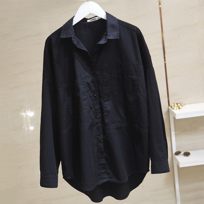 Pure Cotton Double Pocket White Shirt Women Long-sleeve Blouse Spring Autumn Tops Lapel Buttoned Irregular Shirts