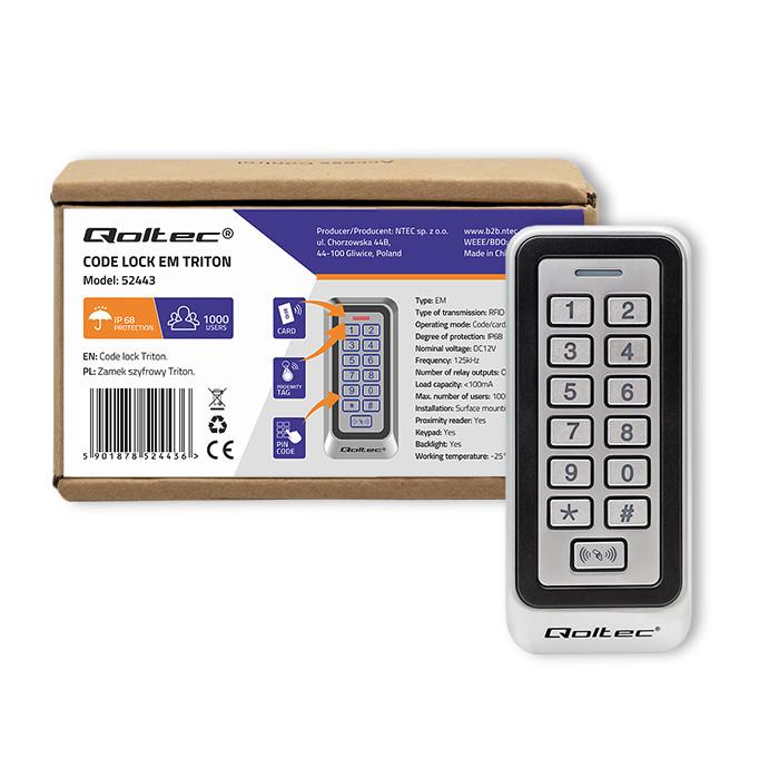 Qoltec Zamek szyfrowy TRITON  z czytnikiem RFID| kod | karta | brelok | IP68 | EM