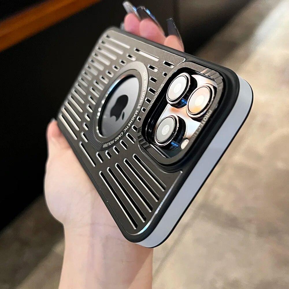 Luxury Metal Armor Case for Magsafe Case for IPhone 15 14 13 12 Pro Max Wireless Charge Magnetic Heat Dissipation Cooling  Hole Shockproof Cover