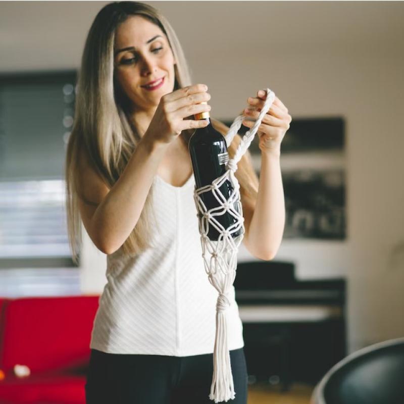 Hand-Woven Red Wine Storage 65Cm Bohemian Water Bottle Hanging Handbag Wine Storage Hiking Cycling