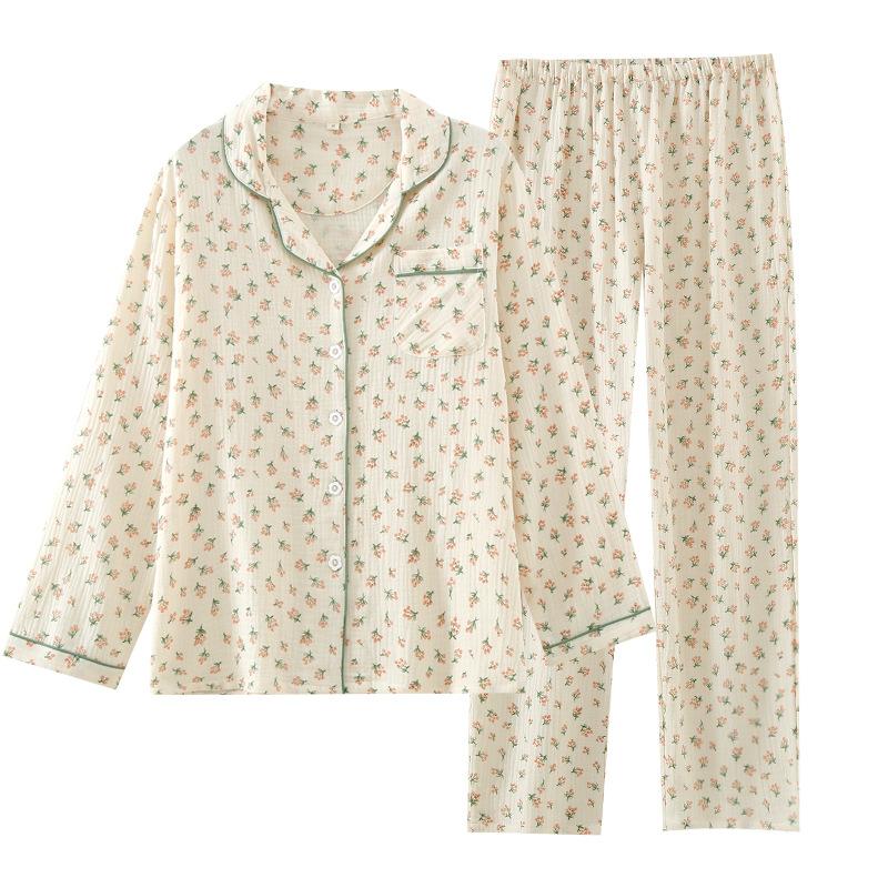 Pajamas women's pure cotton spring and autumn women's long-sleeved new lapel casual loose loungewear two-piece set can be worn outside