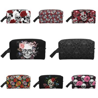 Gothic Skull Flower Black Cosmetic Bag Sugar Skull Flower Storage Bags Unisex Portable Large Capacity Makeup Bag for Travel Work