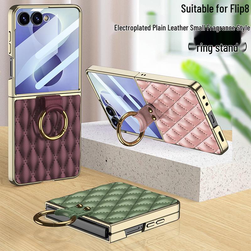 Samsung Z Flip 8 Ring Case: Creative Diamond Lattice French Style Electroplated Leather