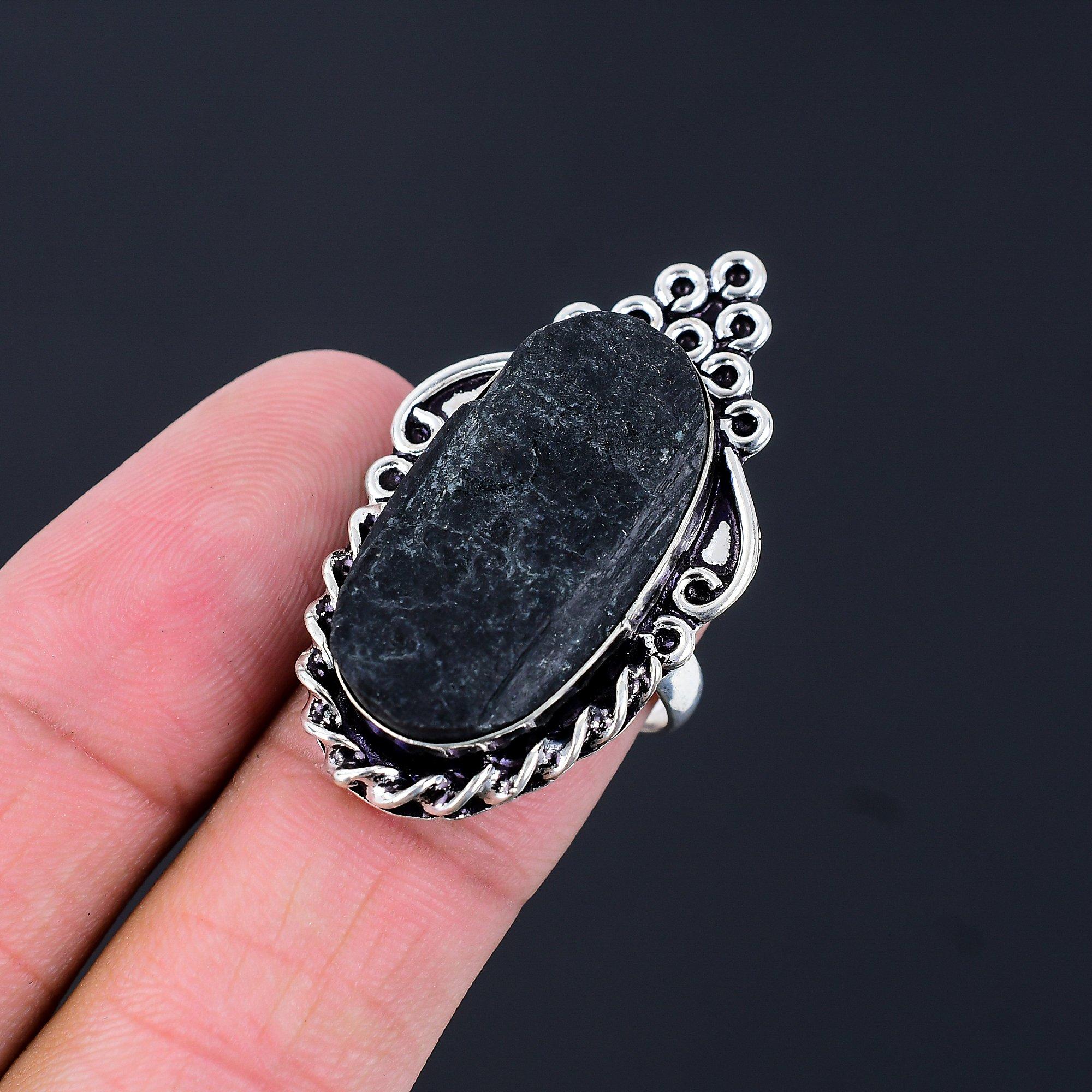Natural Black Tourmaline Rough New Multi Stone Ring Size 7.5 925 Sterling Silver 7.5