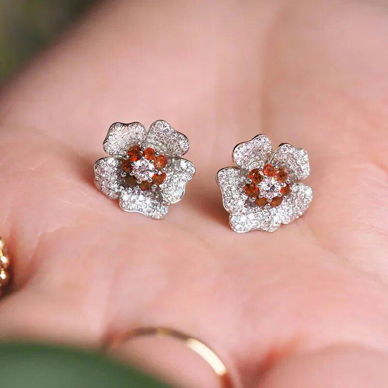 Cao Shi High-End French Flower Diamond Earrings - Unique, Trendy, Temperament-Enhancing Design