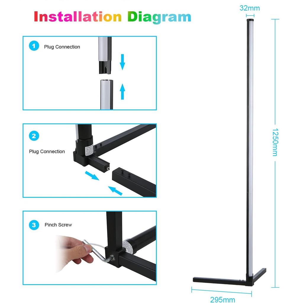 Lumină de podea RGB care schimbă culoarea reglabilă Înălțime 120 cm Lumină suport Control luminozitate indirectă Mod DIY Funcție de temporizare Potrivit pentru aplicație Living/Telecomandă
