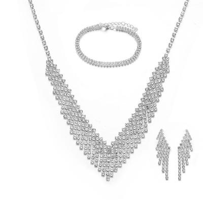 Super Flash Full Diamond Rhinestone Fringed Silver Plated Luxury Bridal Jewelry Set Wedding Studio Necklace Earrings Set Chain