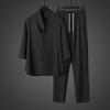 Spring Summer Thin Men Set Two Pieces Ice Silk V Neck Button Half Sleeve Tops Breathble Solid Color Pants Fashion Set