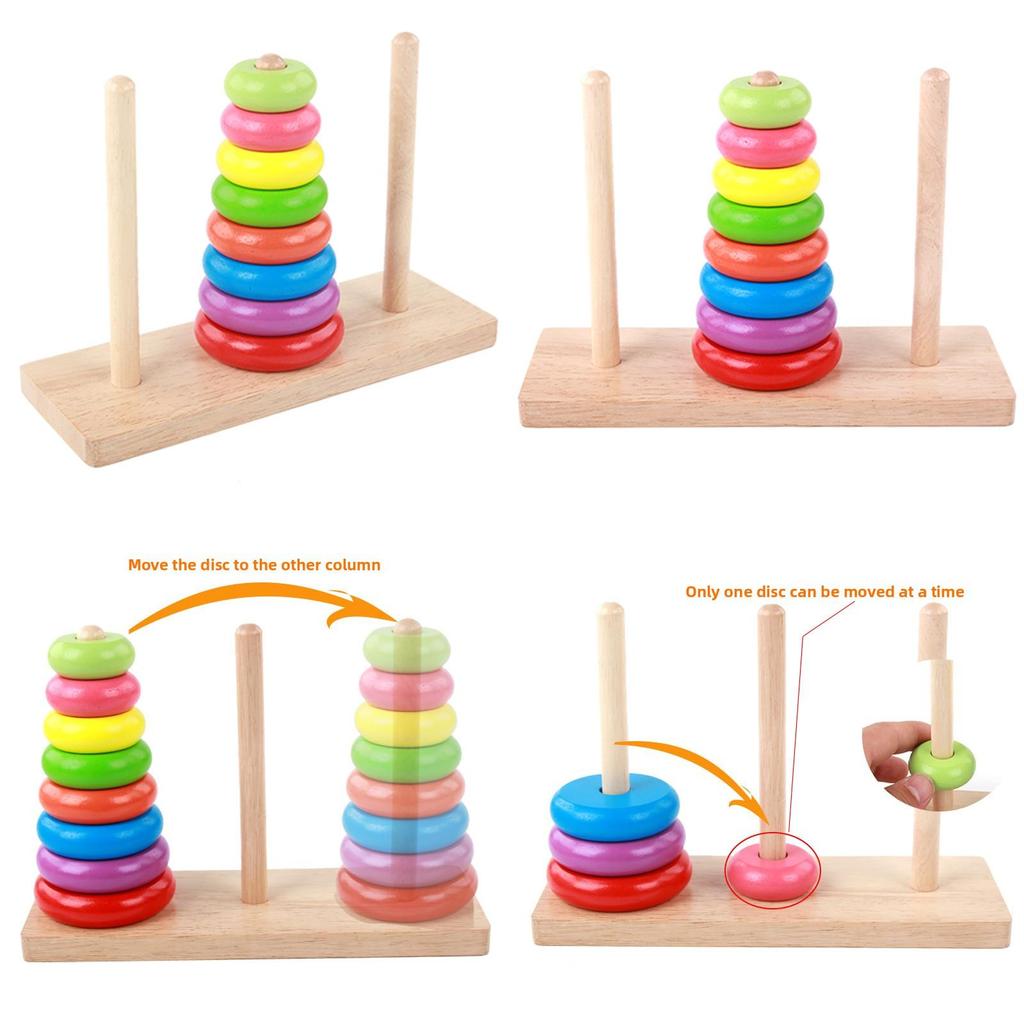 Wooden Toy Tower Of Hanoi Puzzle With Rainbow Rings For Kids Educational Play
