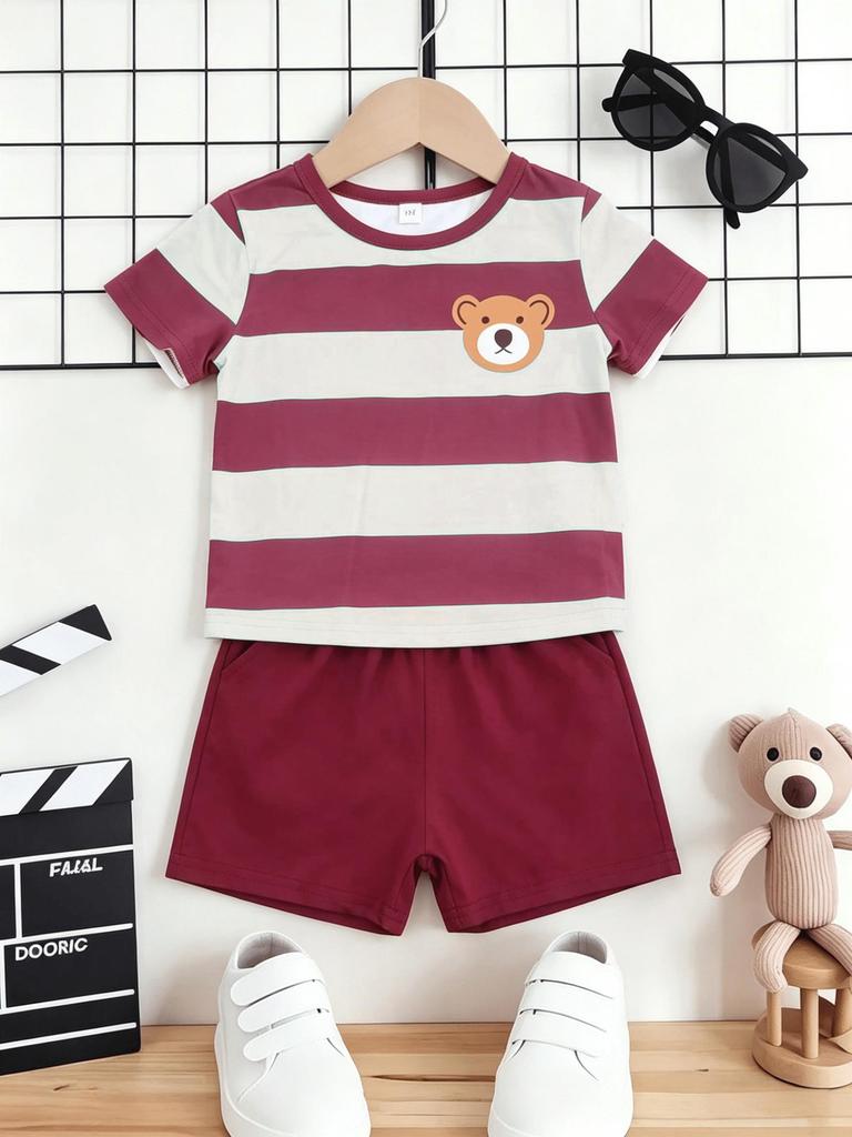 Summer Boys Striped Short Sleeve Shorts 2-Piece Set, Casual Kids Outfit for Home & Outdoor Wear