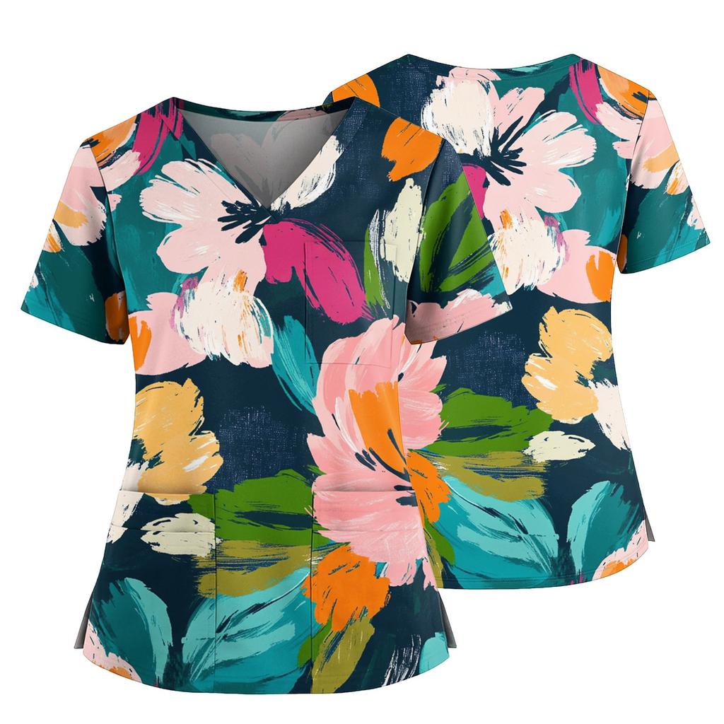 Damen Casual Bedrucktes V-Ausschnitt Taschen Seitennaht Schlitz Kurzarm Top
