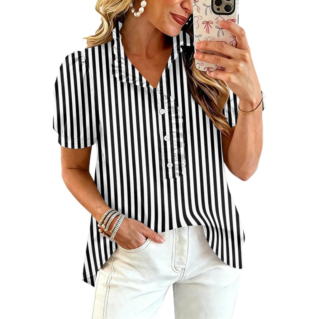 Women Ruffle V Neck Striped Print Blouse Short Sleeve Casual Loose Fit Button Front Top Shirt for Daily Wear