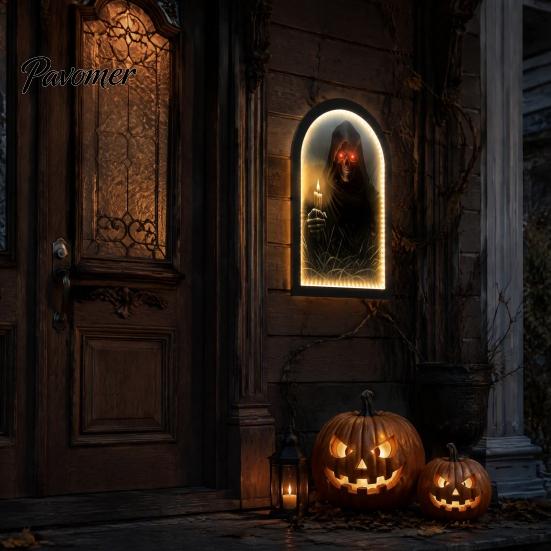 Luce Appesa per Portico di Halloween Specchio Fantasma Luminoso, Fantasmi Spaventosi USB Su, Decorazione Specchio Olografico Scherzo Decorazione per Casa Infestata Festa Festiva