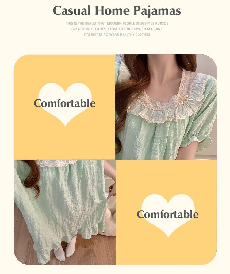 2026 Summer Women's Nightgown: Cloud Cotton, Bra Pads, Short Sleeve, Lace Trim Long Dress