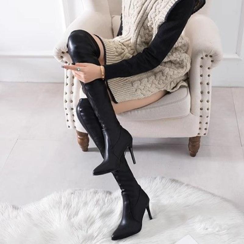 Autumn/Winter New Women's Over-the-Knee High-Heeled Stiletto Boots Stretchy Pointed Toe Leather Long Boots