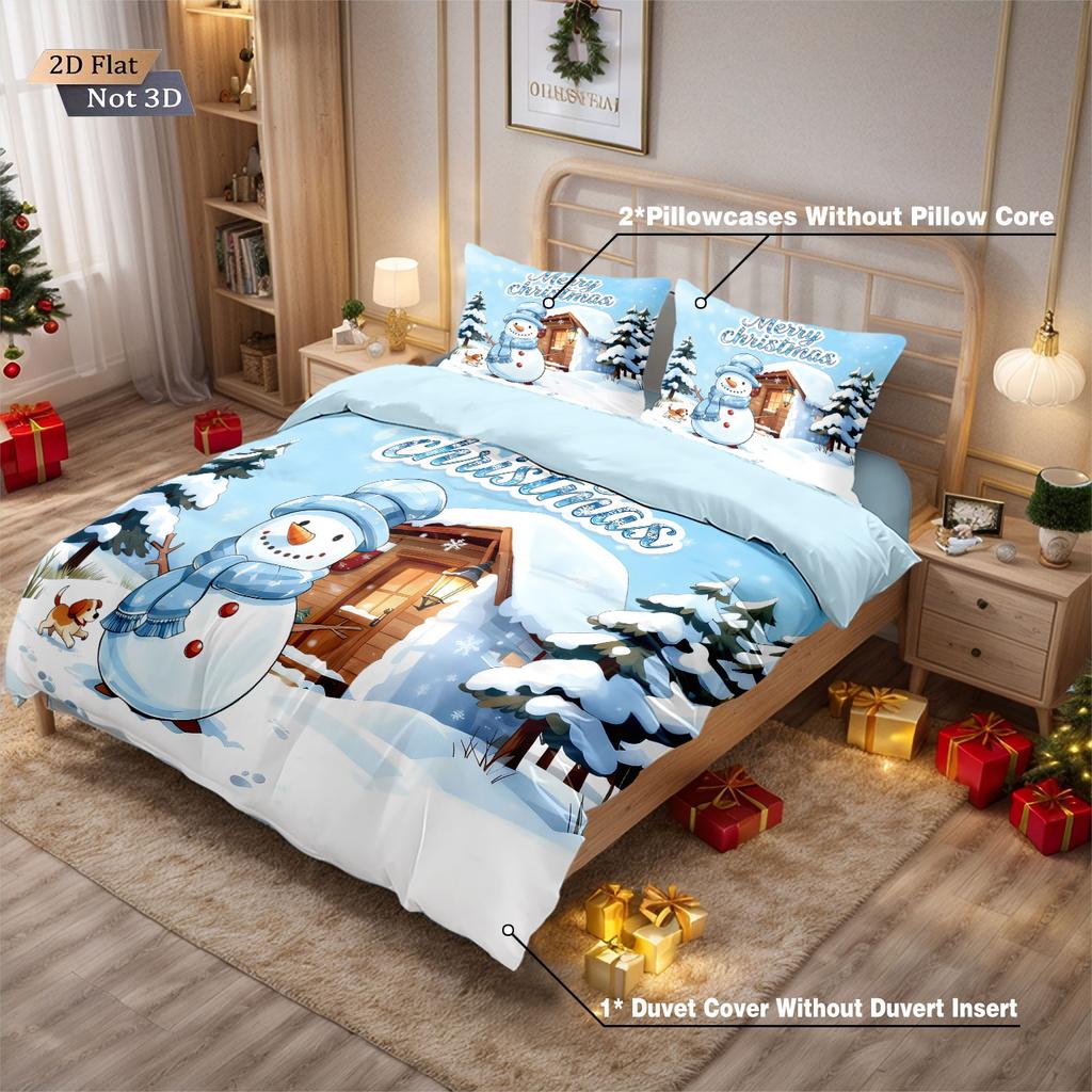 3pcs Merry Christmas Snowman Print Coreless Duvet Cover Set Multi Size Dormitory Bedding Holiday Decoration Machine Washable