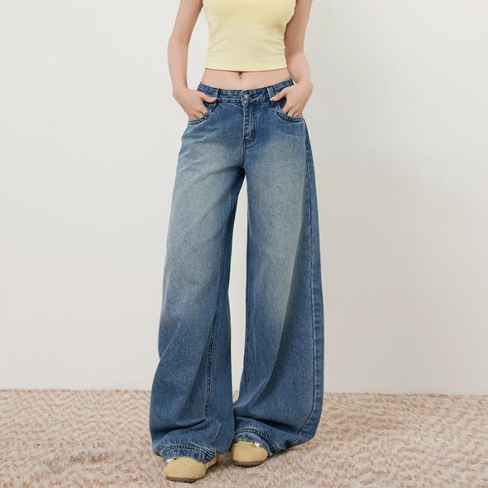 Retro Dark Blue Wide-Leg Low-Rise Floor-Length Jeans Large