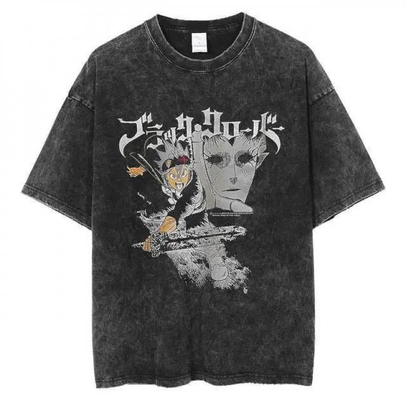 Theme Printed Street Trend Anime T-Shirt T-Shirt Men S Retro T-Shirt Black Clover Washed 2XL