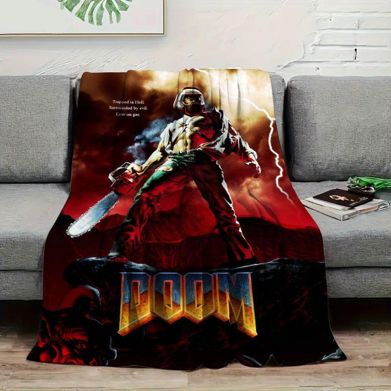 1Pc DOOM Print Flannel Blanket, High quality Comfortable for All Seasons, Home Decor, Warmth and Comfort, Perfect for Christmas Gifts