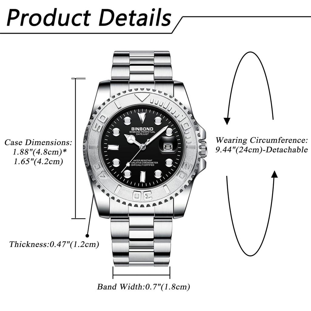 Silver Waterproof Quartz Watch with Calendar Luminous Analogue Watch with Rotatable Stainless Steel Simple and Stylish for Casual and Business A Great