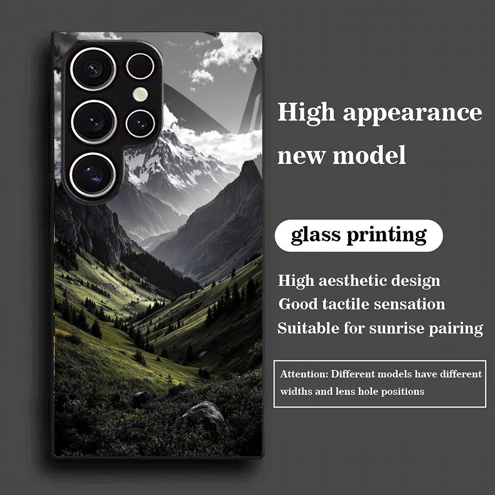 Tempered glass phone case suitable for Samsung Galaxy S26 S25 S24 S23 S22 S20 FE/Ultra/Plus mountain scenery, high-end fashion