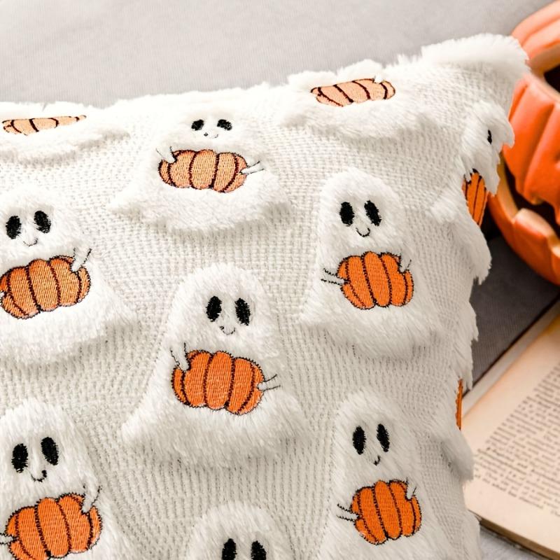 18×18in Quilted Ghost Pumpkin Plush Pillow Cover, Cute Cartoon Design for Halloween Home Decor. Pillow Insert Excluded.