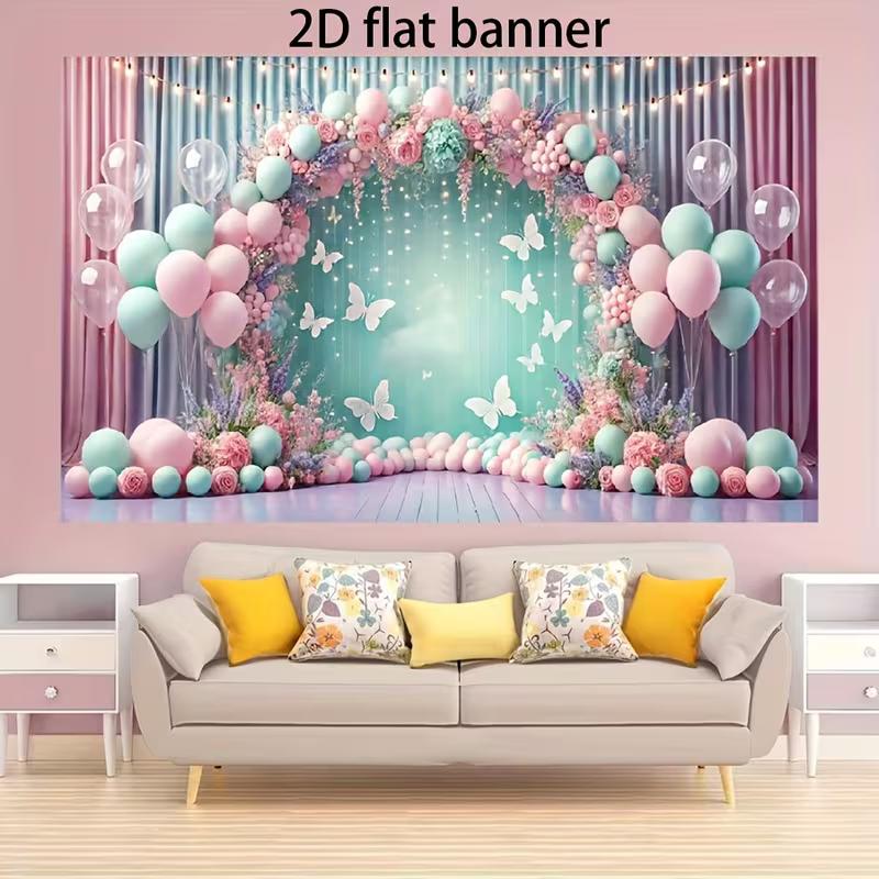 

2D Soft Pink Mint Curtain Backdrop, Balloon and Butterfly Background for Wedding and Gender Reveal 47.2x31.5inch/120*80cm