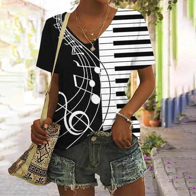 Note Musicali Stampa 3d T-shirt Casual Moda Street Manica Corta Scollo a V da Donna