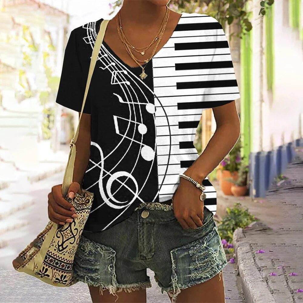 Music Notes 3d Printing Women's Casual Fashion Street Short-sleeved V-neck T-shirt