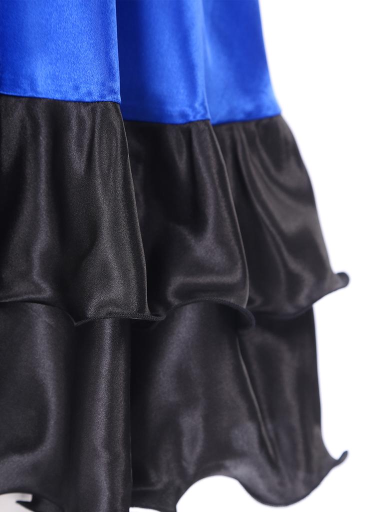Ladies Spanish Dance Skirt Flamenco Style Ruffled Trim Irregular Hem Satin Elastic Waist Big Swing Skirt
