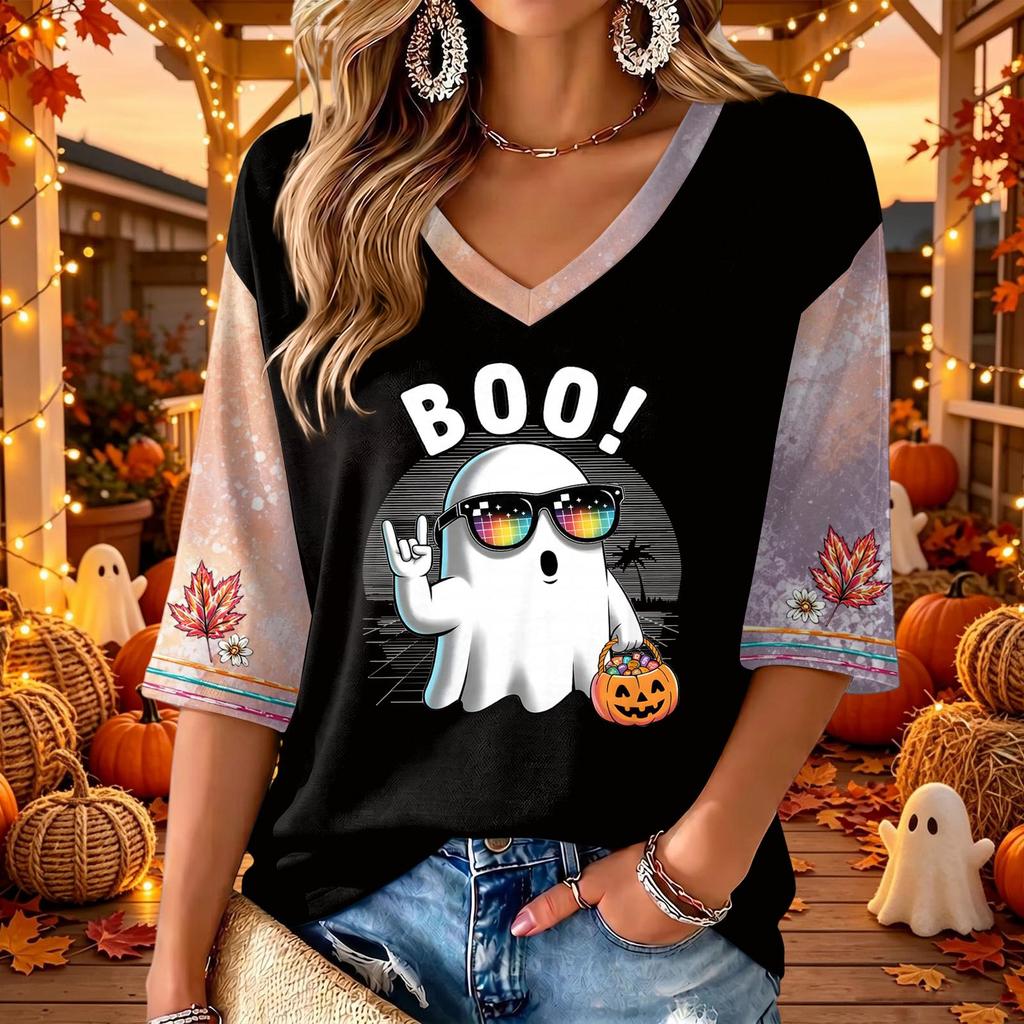 Women's Halloween Print V-Neck 3/4 Sleeve Casual Blouse Top