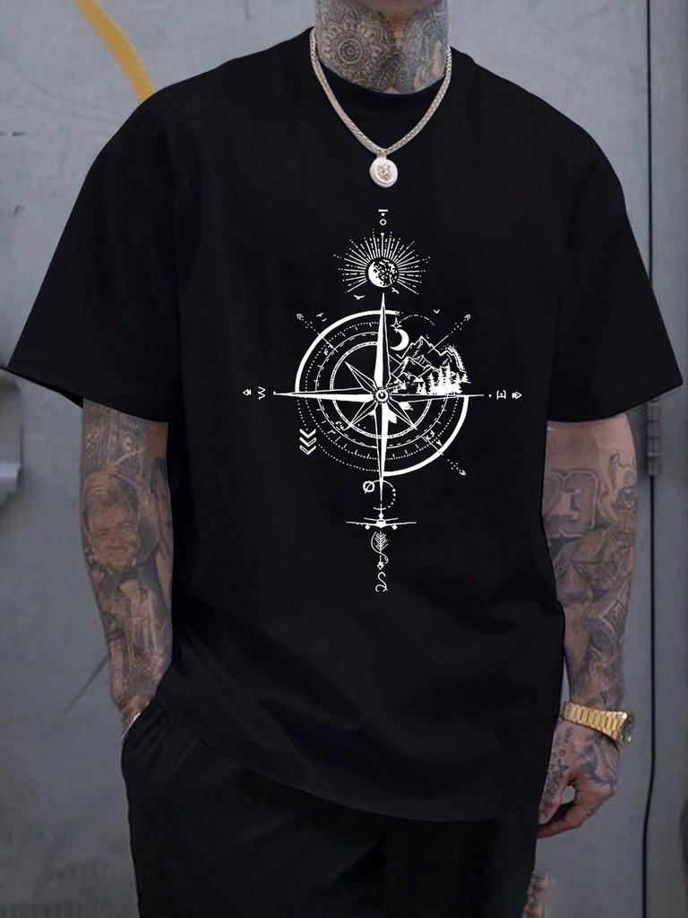 Unisex Summer Cotton Short Sleeve T Shirt Vintage Mountain Sun Moon Compass Print Crew Neck Casual Travel Adventure Street Male Tee