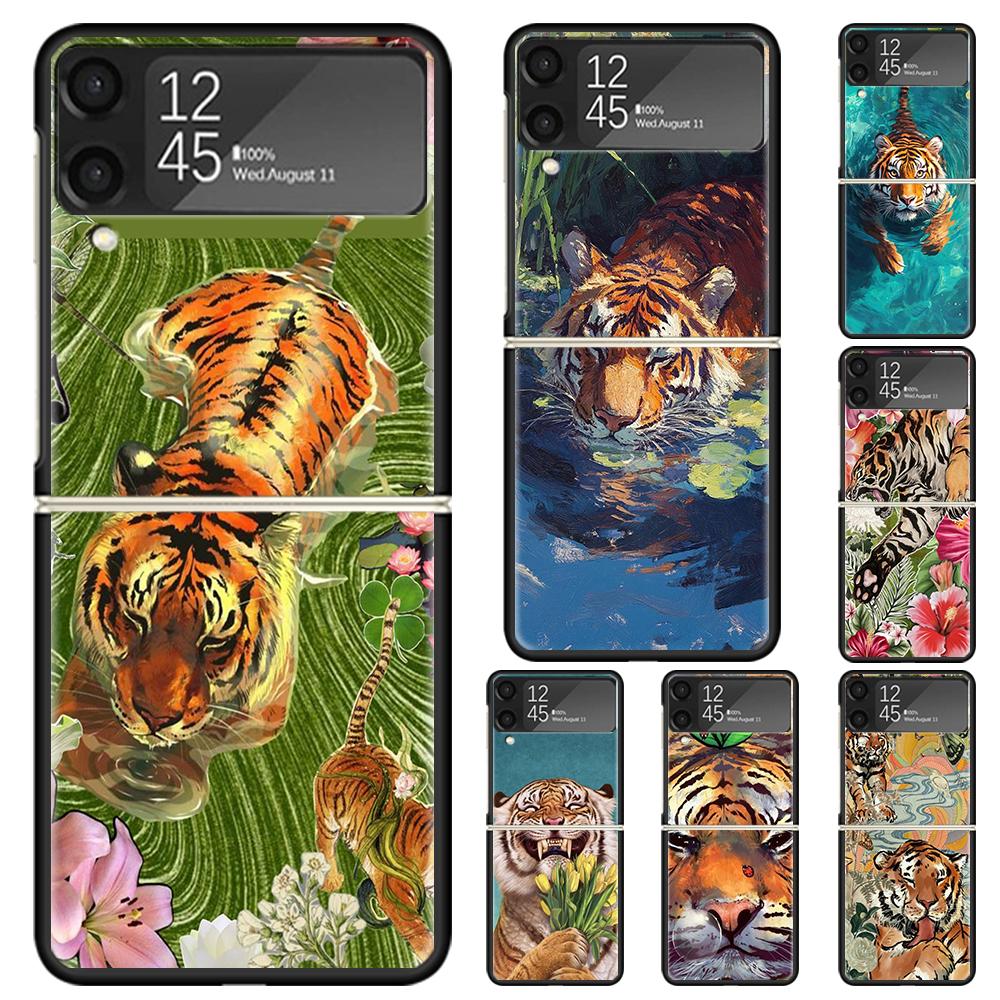 Superior Tiger Pattern Art Hard PC Phone Case For Samsung Galaxy Z Flip 7 6 5 4 3 Black ZFlip7 ZFlip6 Flip5 Flip4 Flip3 5G Print