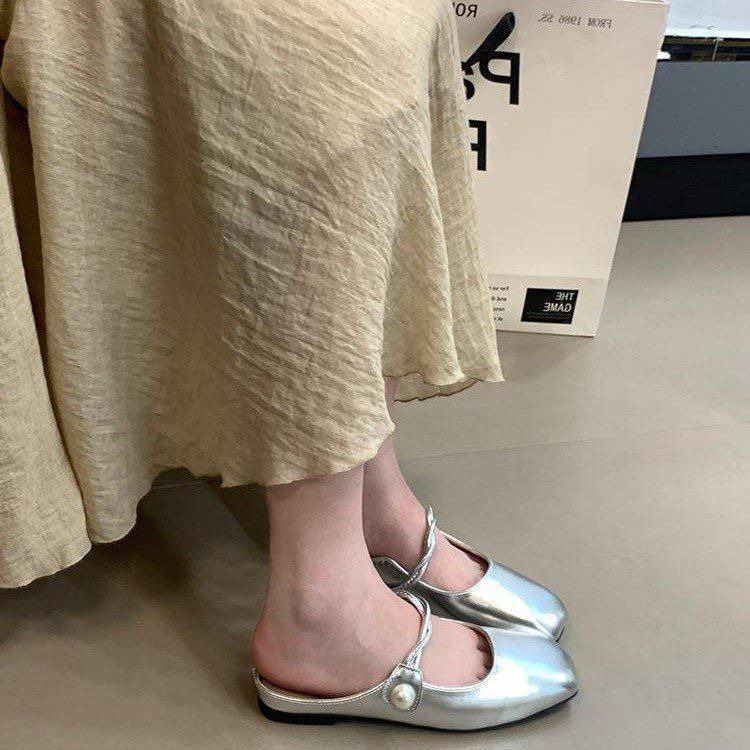 Temperament Socialite Xiaoxiangfeng Half Slippers Women's Spring and Summer 2025 French Pearl Bag Head Mary Jane Half Tray Single Shoes