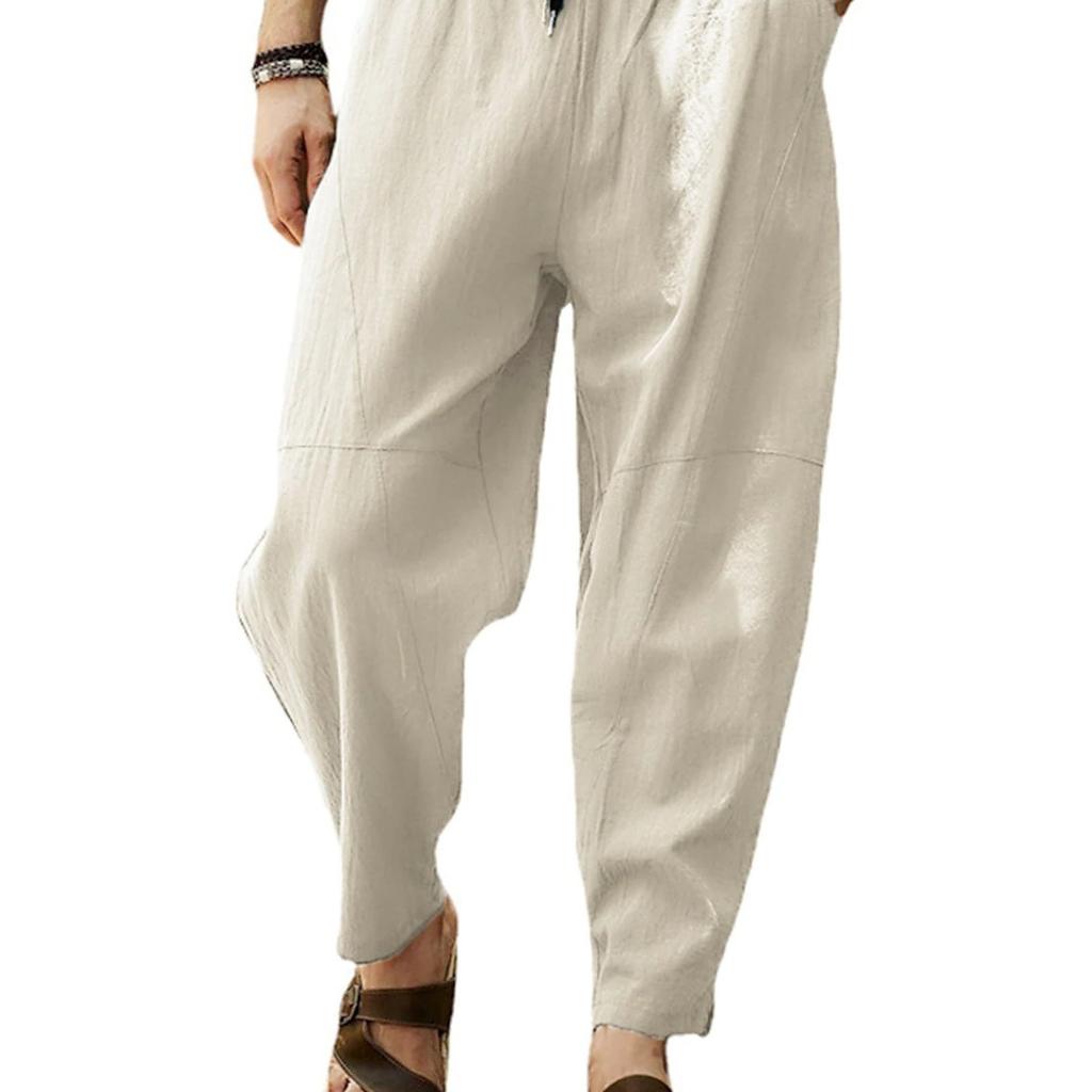Herren-Baumwoll-Leinen-Baggy-lange Hose, weites Bein, elastische Taille, lockere Haremshose