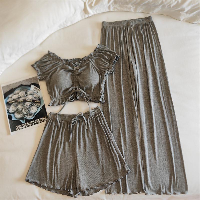 Women's Summer Puff Sleeve Modal Pajamas Set with Integrated Breast Pads - Sexy Pure Desire Homewear