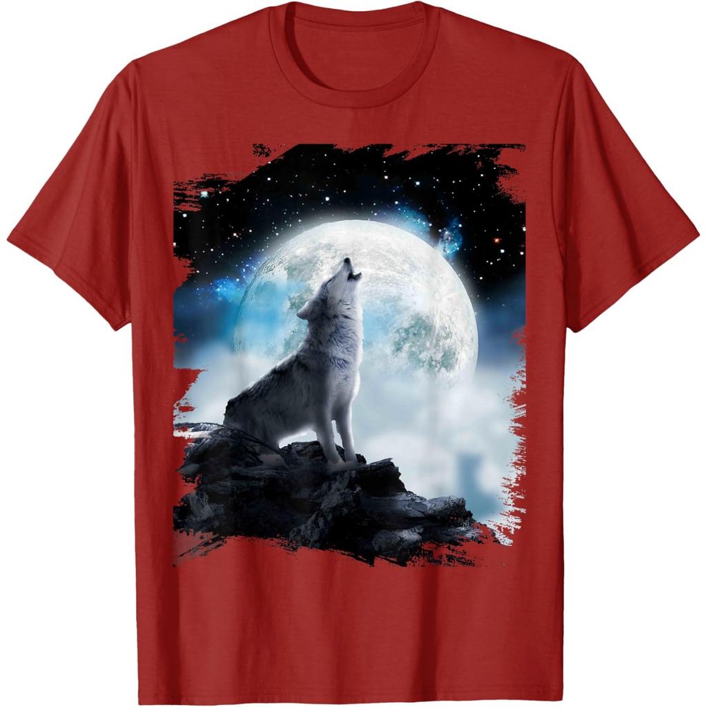 Kosmischer Wolf Heulender Mond Grafik T-Shirt Herren Lässig Rundhals Atmungsaktiv Kurzarm T-Shirt