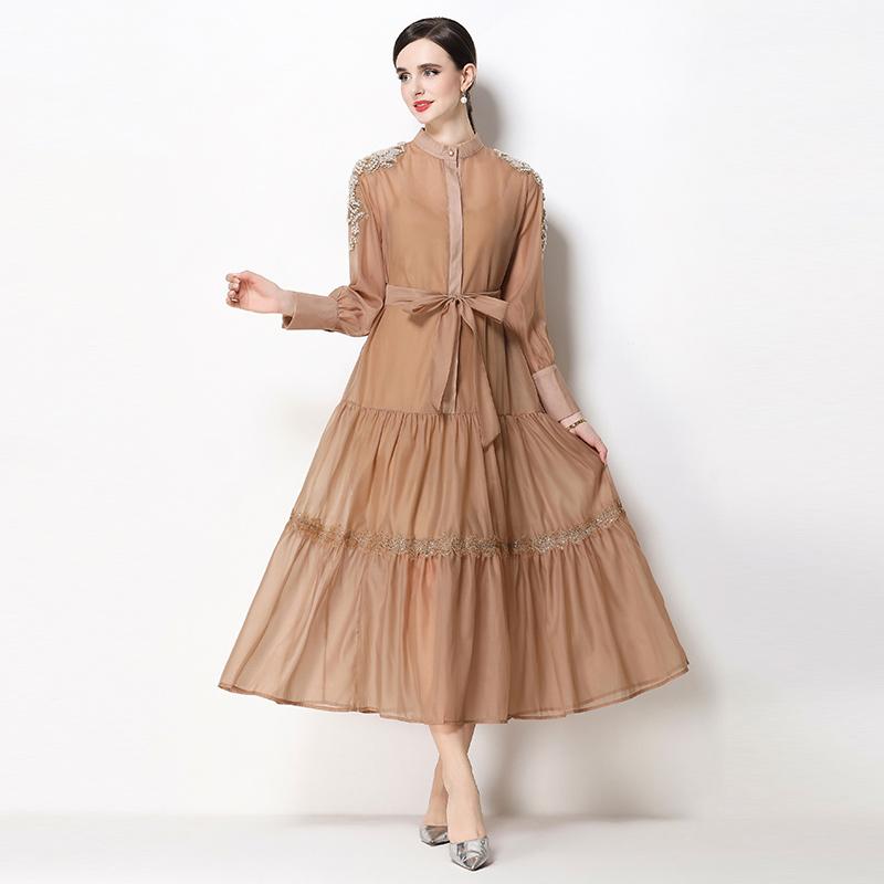 2026 Spring Summer Beaded Lace Patchwork Dress for Women Stand Collar Long Sleeve High Waist Belt Casual Vestidos Pleated Y2k