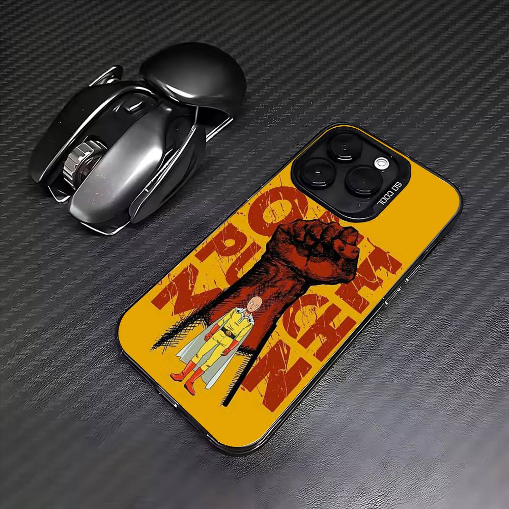 O-One Punch Man Anime Phone Case For iPhone17,16,15,14,13,12,11 Plus,Pro Max Colored Silver Plated Inside Cover iPhone17promax