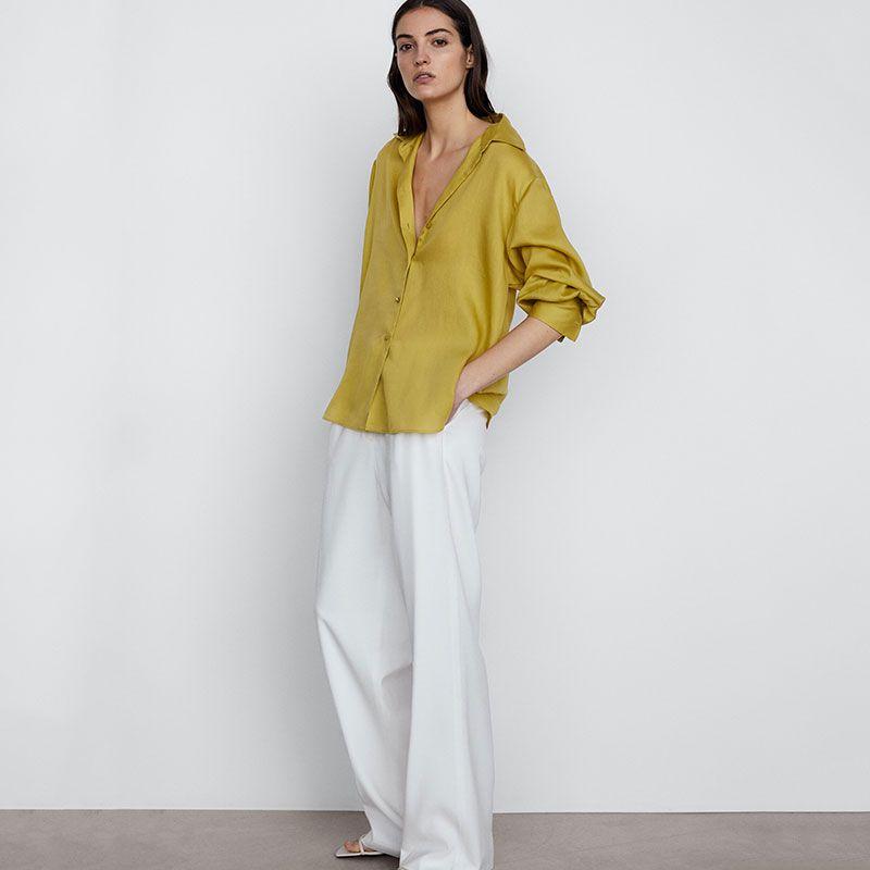 

MD Women s Clothing Early Autumn New Arrival French Simplicity Loose Tops Cotton Silk Plain Casual Shirt 05147599402 Yellow L